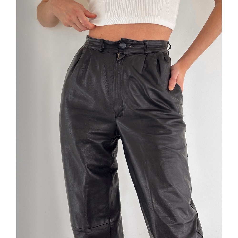 Vintage high waist genuine leather pants with a straight leg and pinch waist